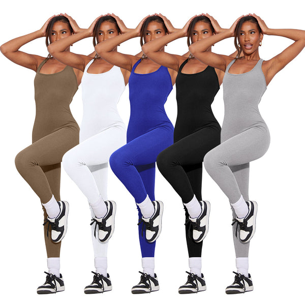 Trimming Solid Color High Tight Sports Jumpsuits