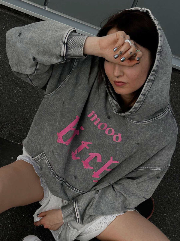 Women's Style Worn Looking Washed-out Broken Letters Printed Hoodie Sweaters