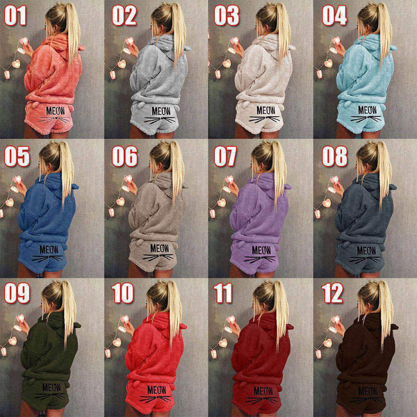 Women's Cat Embroidery Pajamas Hooded Casual Two-piece Suits