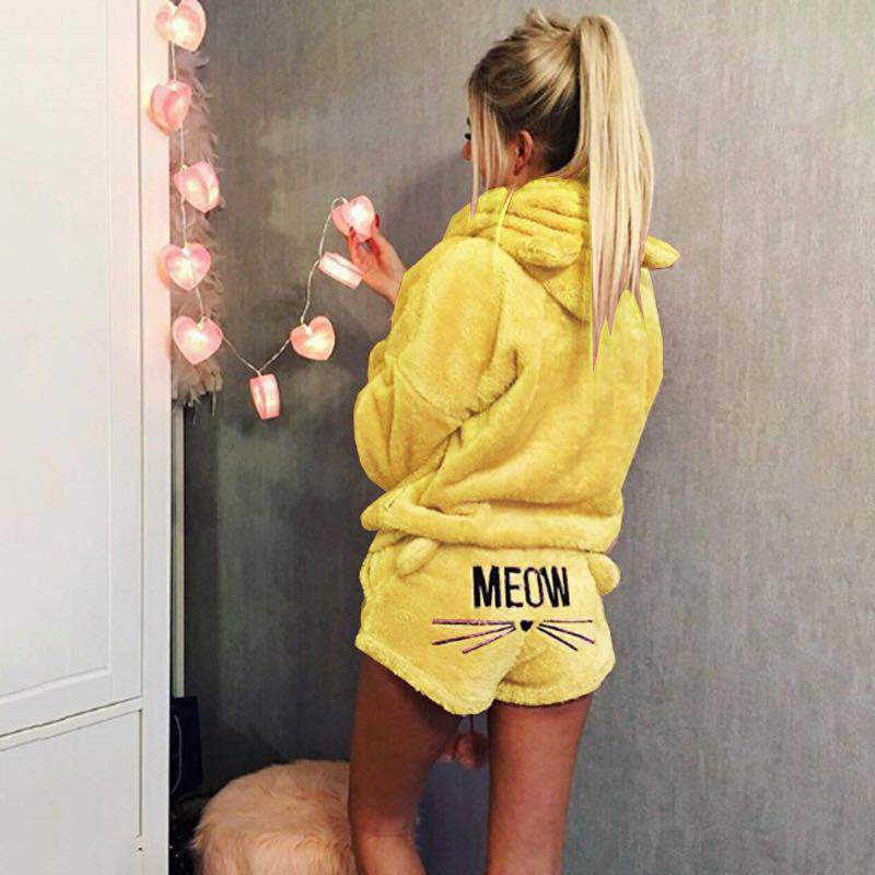 Women's Cat Embroidery Pajamas Hooded Casual Two-piece Suits