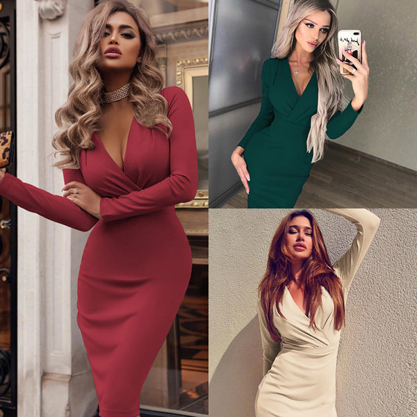 Women's Deep Ruffle Hip Long Sleeve Solid Color Dresses