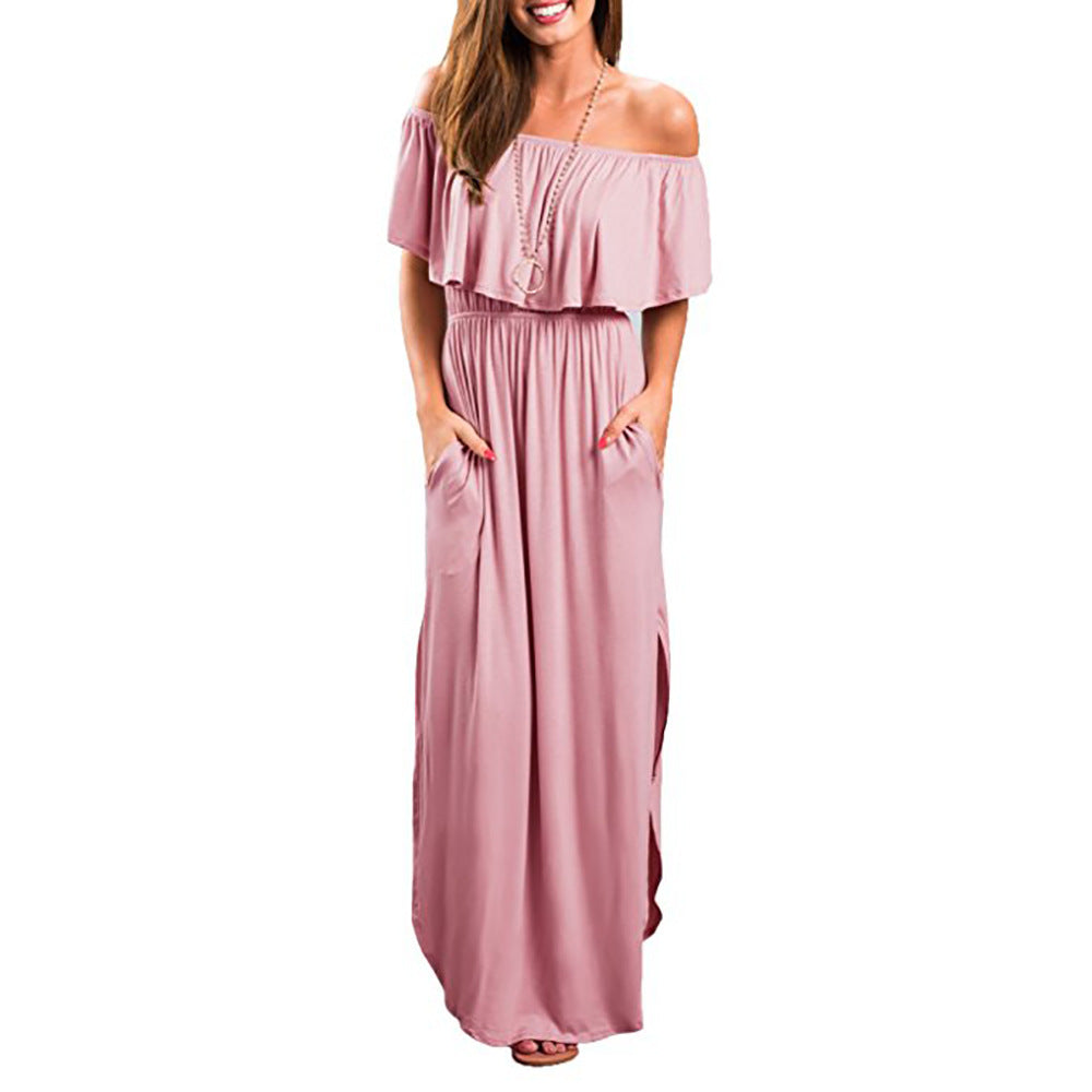 Elegant Ruffled Off-shoulder Long Slip-on Slit Dresses