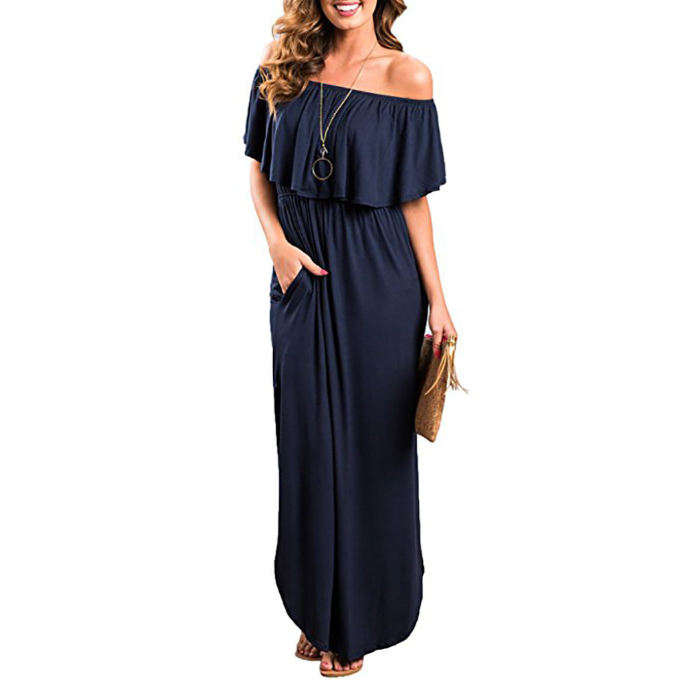 Elegant Ruffled Off-shoulder Long Slip-on Slit Dresses