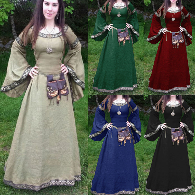 Robes classiques médiévales à manches longues et col rond pour femmes