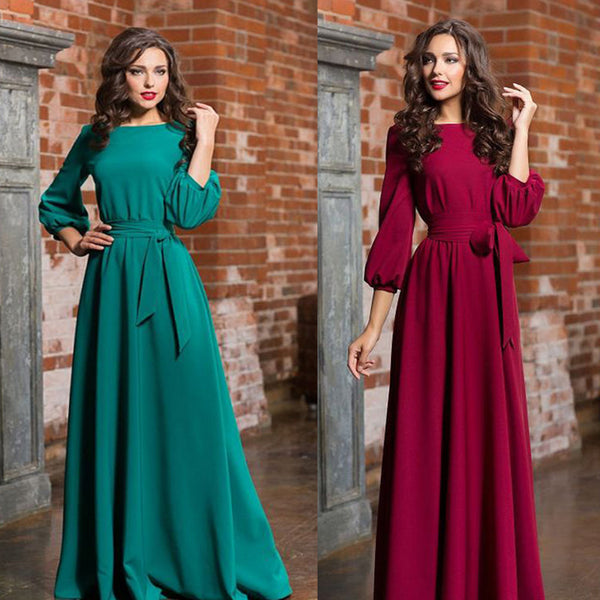 Autumn Long Sleeve Rayon Solid Color Round Neck Dresses