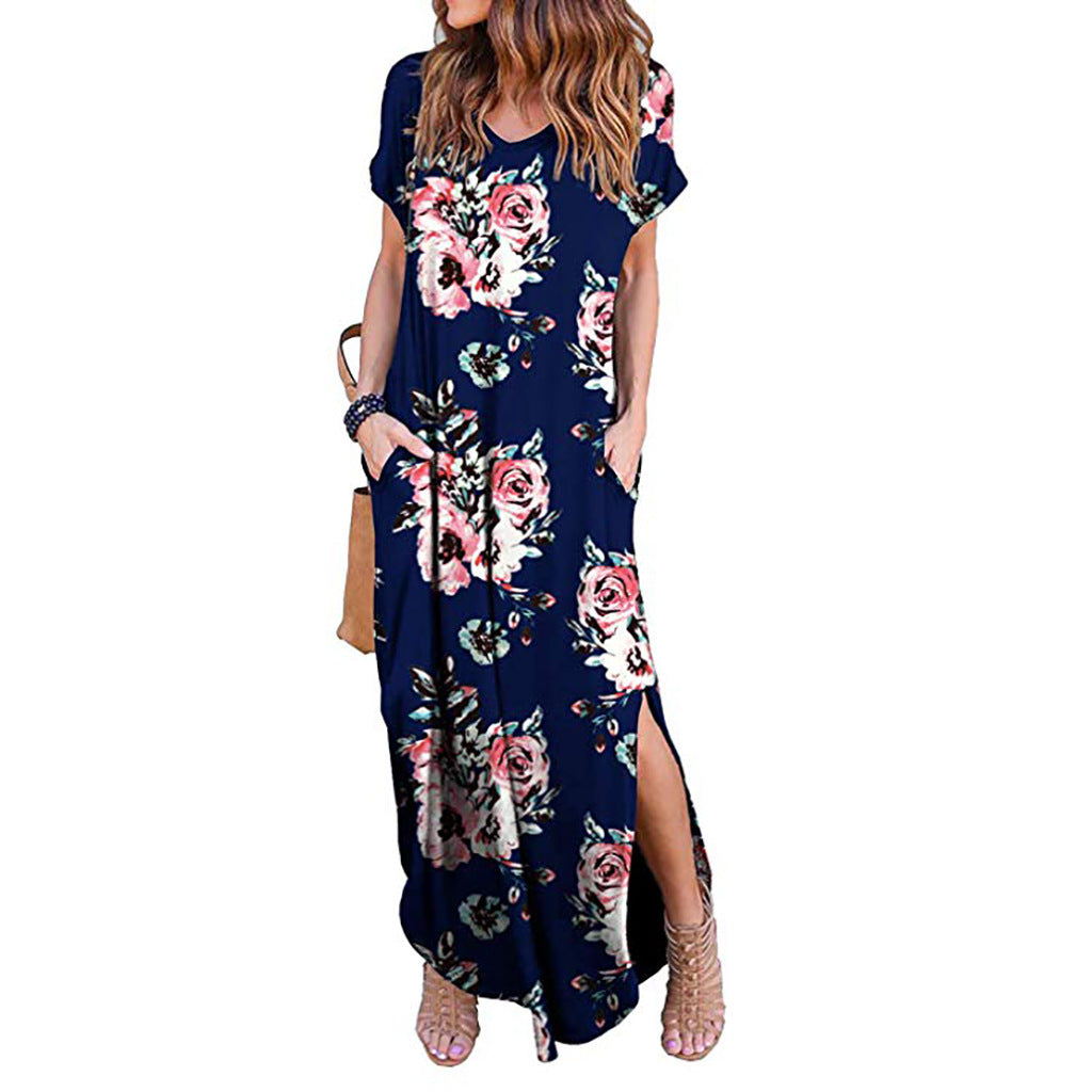 Women's Spring Printed Sleeve V-neck Knitted Long Dress Casual Dresses