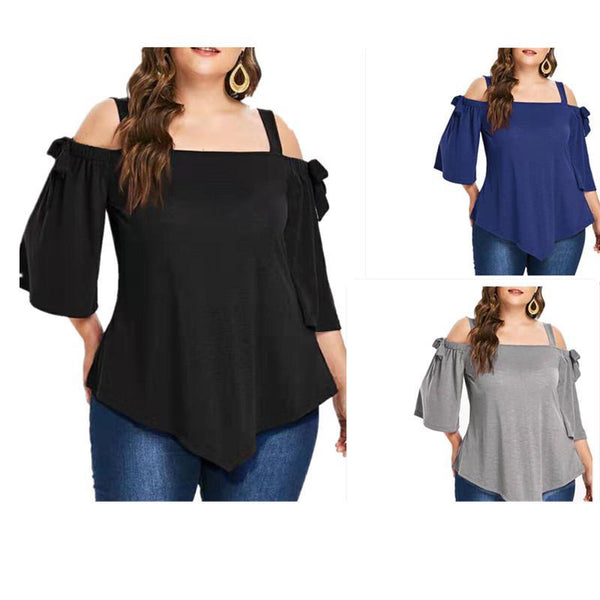 Women's Strapless Half-sleeved Bowknot Straps Irregular T-shirt Blouses