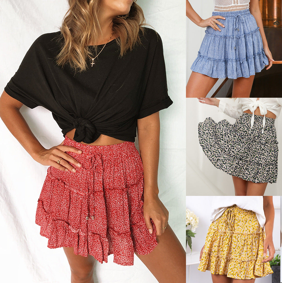 Women's Summer High Waist Ruffles Floral Printing Skirts