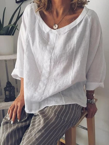 Solid Color Collar Shirt Cotton Pullover Blouses