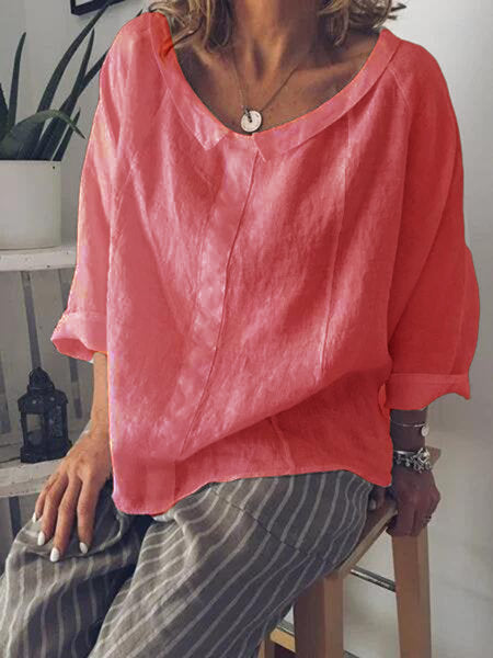 Solid Color Collar Shirt Cotton Pullover Blouses