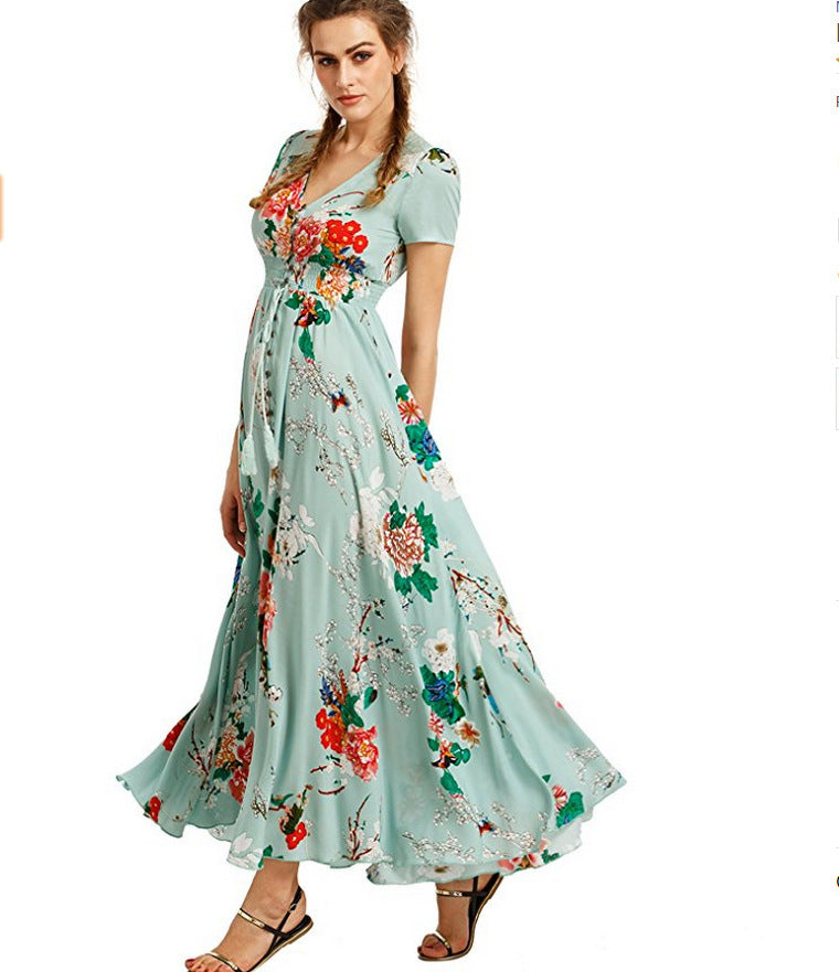 Retro Pattern Vacation V-neck Loose Long Dresses