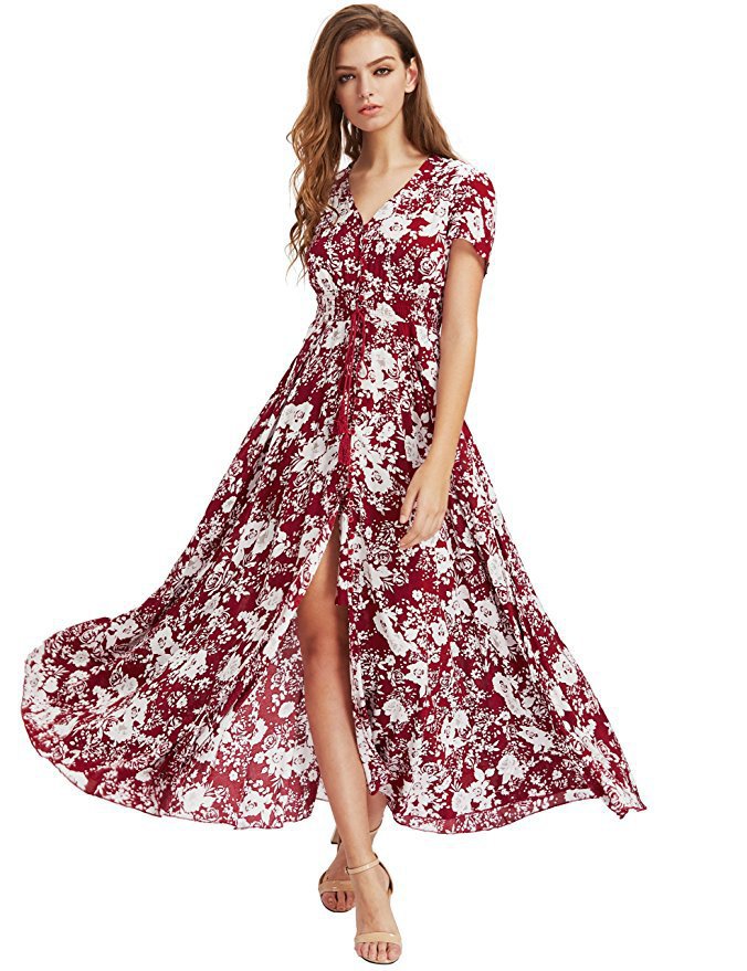 Retro Pattern Vacation V-neck Loose Long Dresses