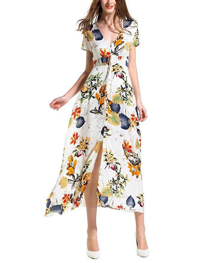 Retro Pattern Vacation V-neck Loose Long Dresses