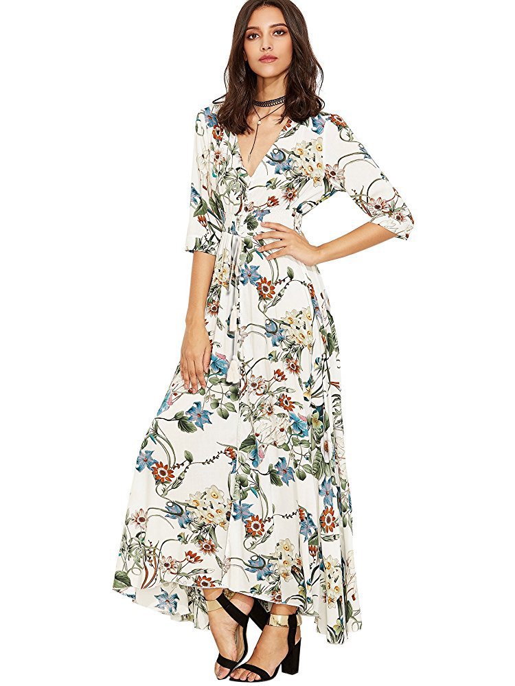 Retro Pattern Vacation V-neck Loose Long Dresses