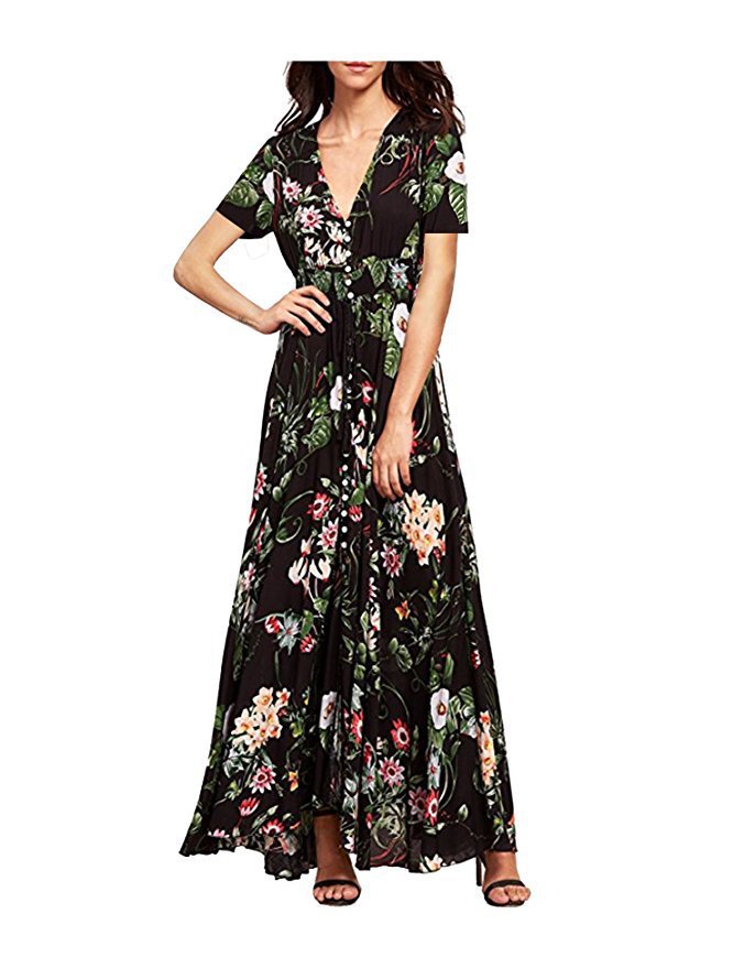 Retro Pattern Vacation V-neck Loose Long Dresses