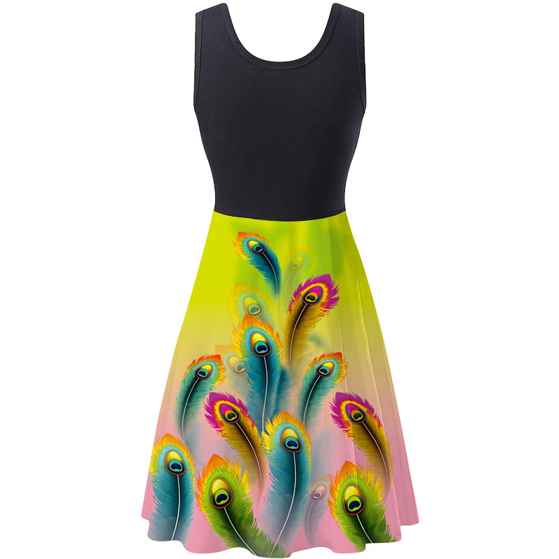 Women's Summer Digital Print Sleeveless Round Neck Dresses