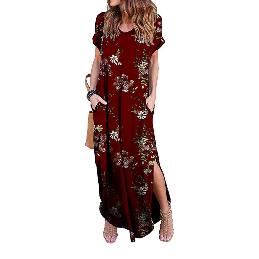 Women's Spring Printed Sleeve V-neck Knitted Long Dress Casual Dresses