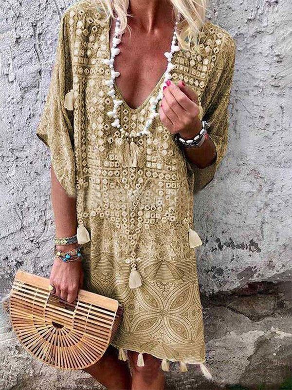 Bohemian Sexy V-neck Printed Tassel Dress Dresses