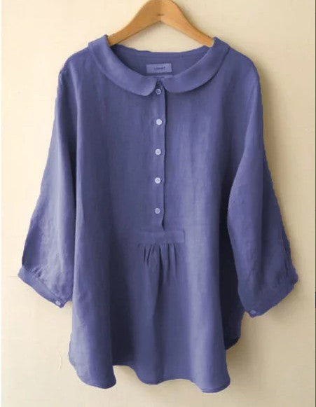 Cotton Linen Collar Pullover 3/4 Sleeve Blouses