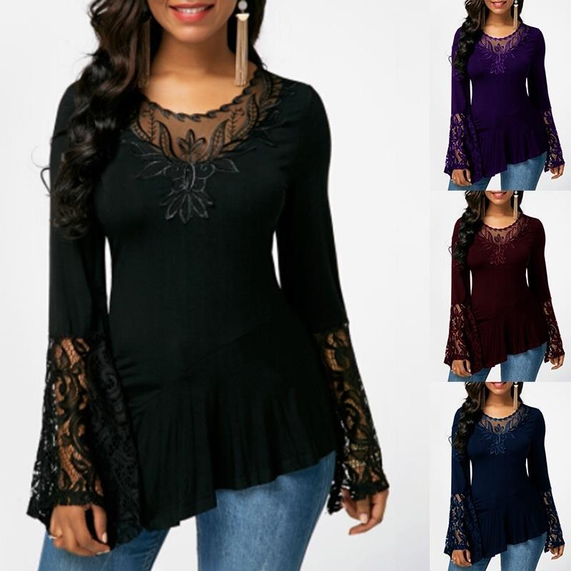 Long Sleeve Lace Stitching Irregular T-shirt Blouses