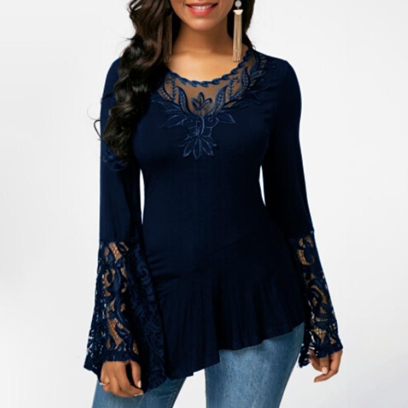 Long Sleeve Lace Stitching Irregular T-shirt Blouses