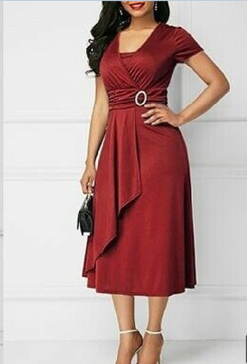 Women's Sexy Asymmetric Large Swing V-neck High Waist Mid-length Dresses