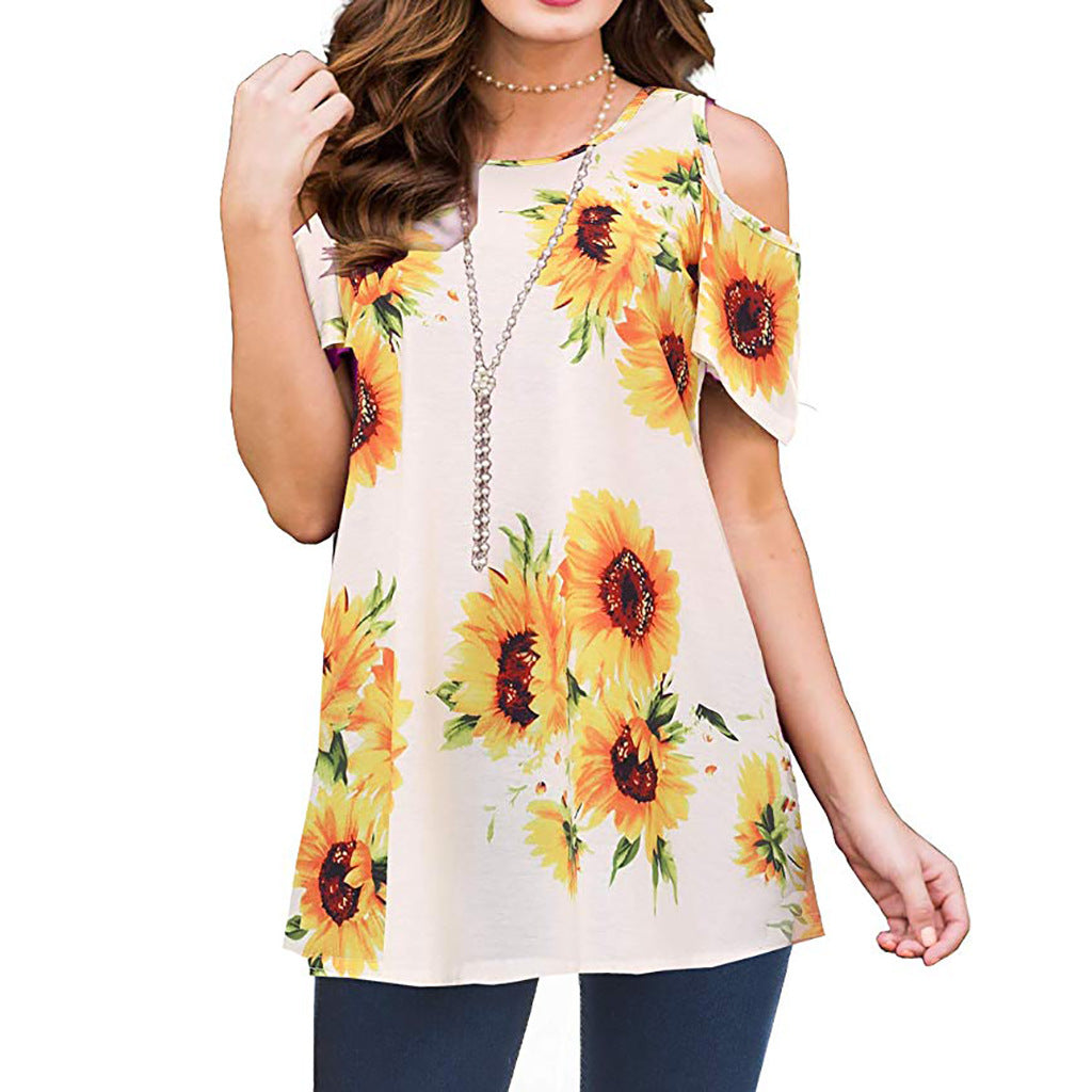 Women's Summer Printed Off-the-shoulder Sleeve Pullover Casual Blouses