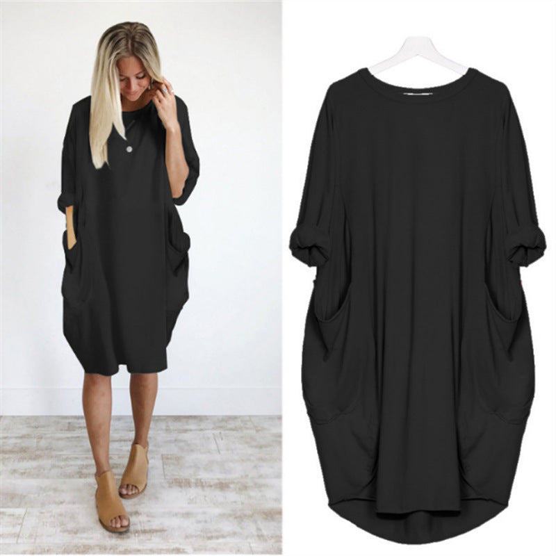 Women's Autumn Long Sleeve Round Neck Solid Color Loose Pockets Dresses