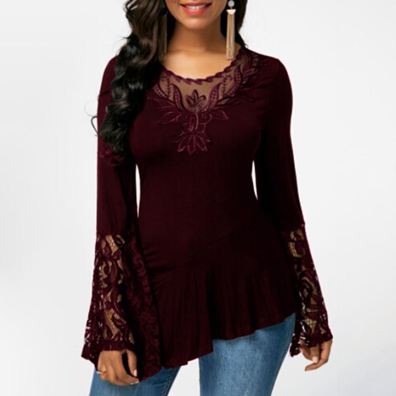 Long Sleeve Lace Stitching Irregular T-shirt Blouses