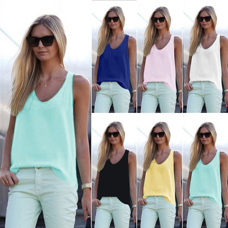 Women's Summer Solid Color Sleeveless Chiffon Shirt Blouses