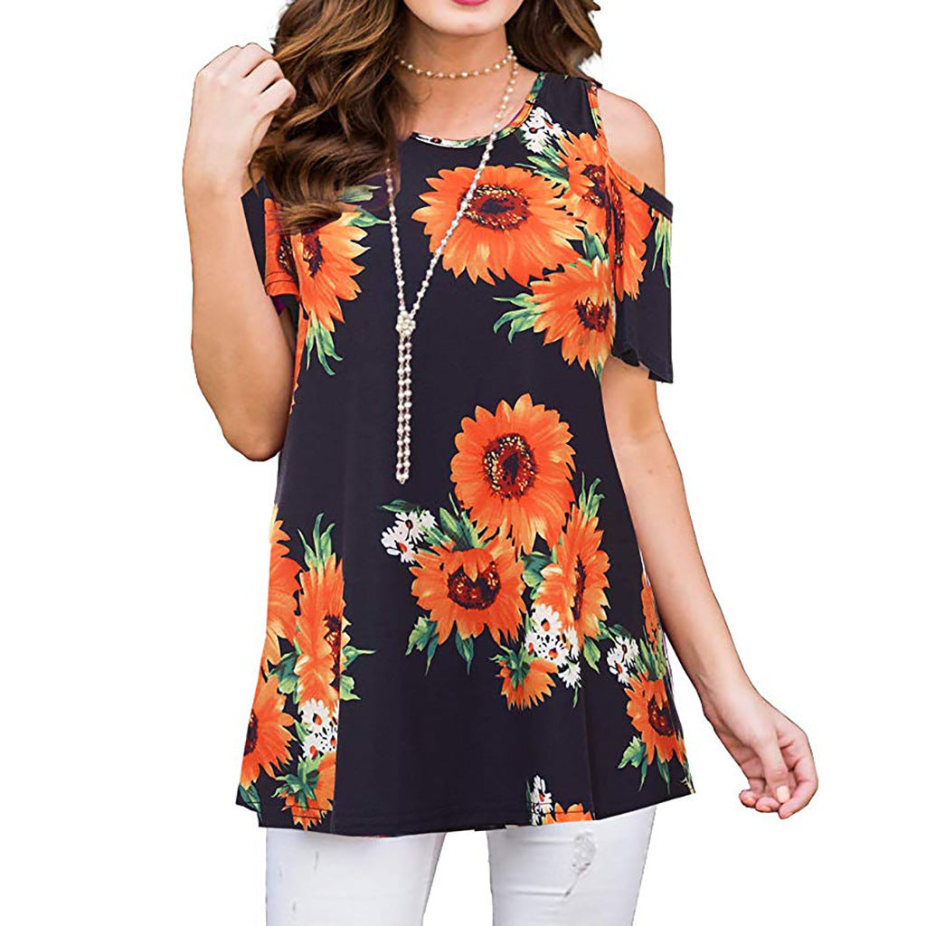Women's Summer Printed Off-the-shoulder Sleeve Pullover Casual Blouses