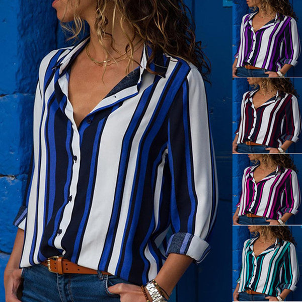 Women's Contrast Color Striped Long-sleeved Multi-color Blouses