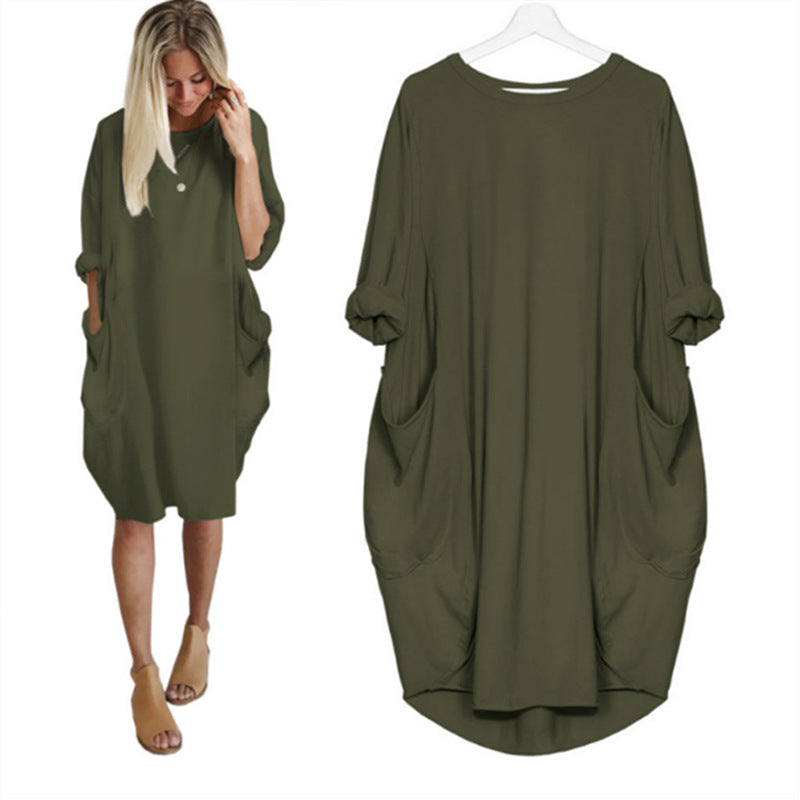 Women's Autumn Long Sleeve Round Neck Solid Color Loose Pockets Dresses