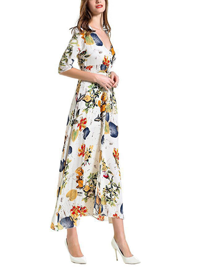 Retro Pattern Vacation V-neck Loose Long Dresses