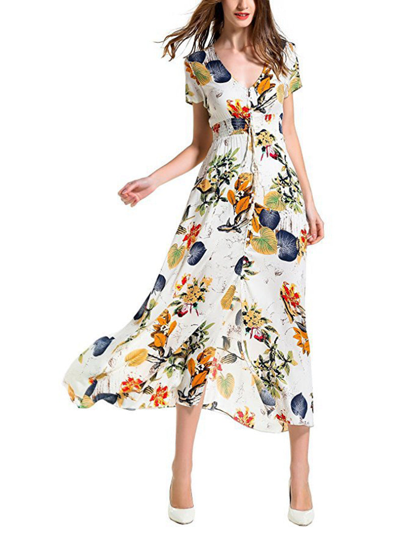 Retro Pattern Vacation V-neck Loose Long Dresses