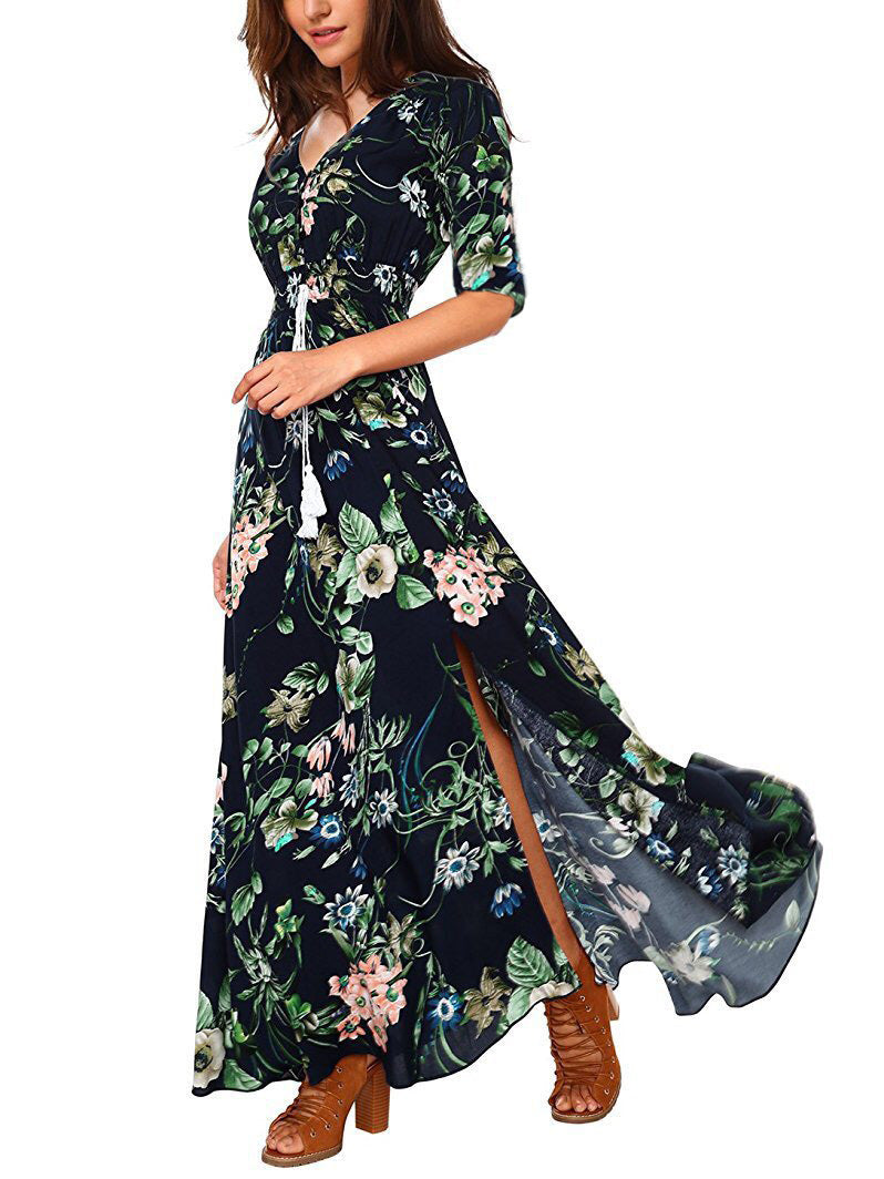 Retro Pattern Vacation V-neck Loose Long Dresses