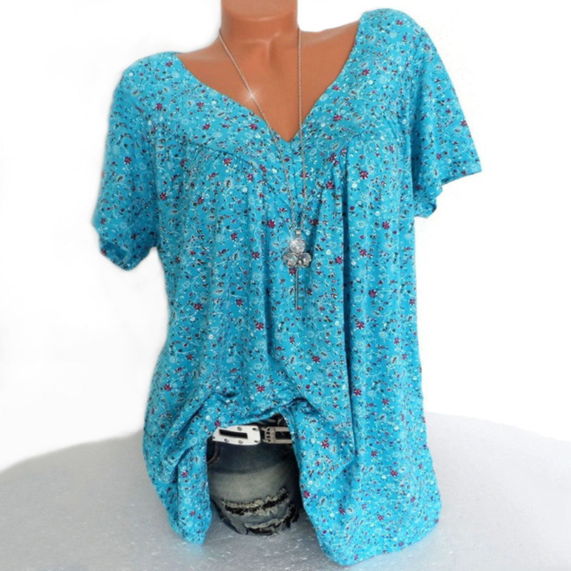 Women's Summer V-neck Loose Short-sleeved Printed Blouses