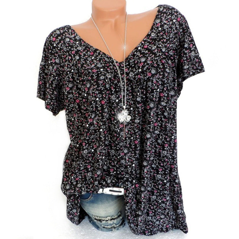 Women's Summer V-neck Loose Short-sleeved Printed Blouses