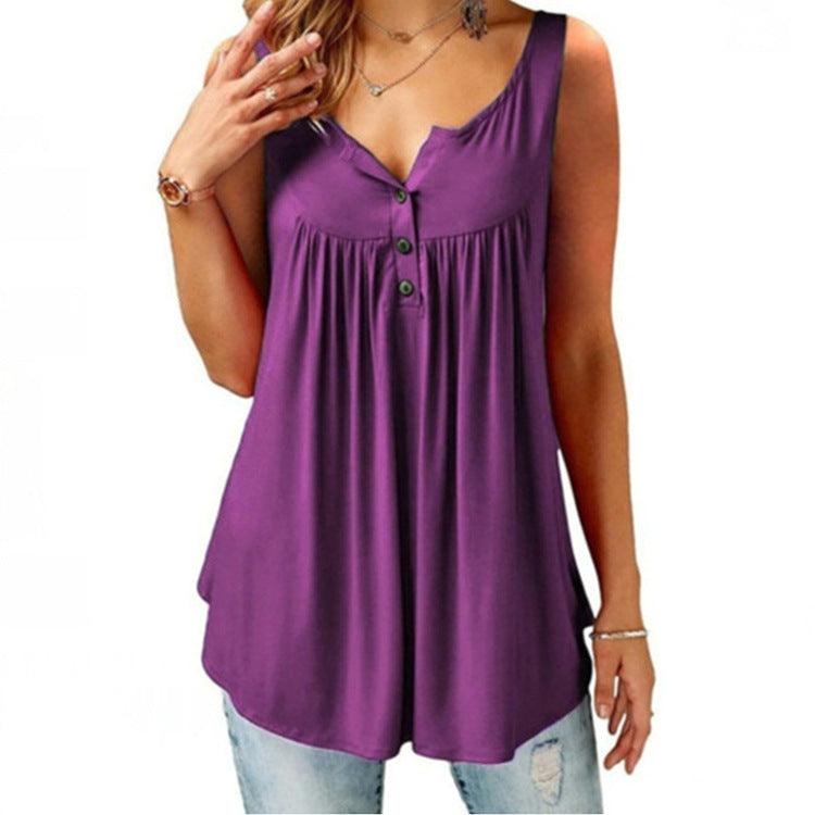Women's Summer Solid Color Pleating Sleeveless Casual Mid-length Blouses