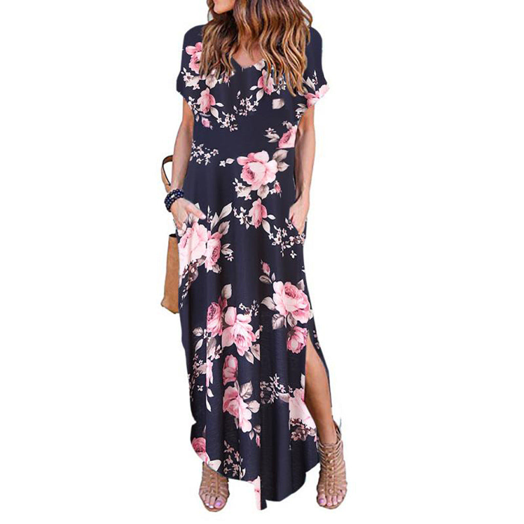 Women's Spring Printed Sleeve V-neck Knitted Long Dress Casual Dresses