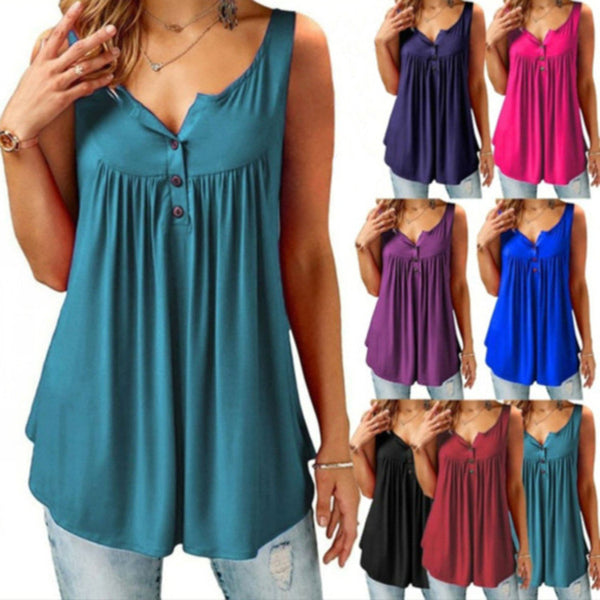 Women's Summer Solid Color Pleating Sleeveless Casual Mid-length Blouses