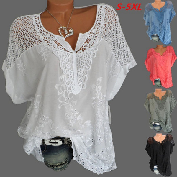 Women's Fashion Wear Lace V-neck Embroidery Sleeve Batwing Blouses