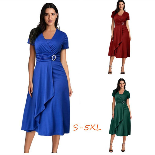 Women's Sexy Asymmetric Large Swing V-neck High Waist Mid-length Dresses