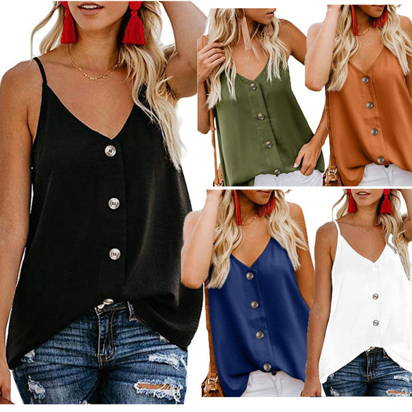 Women's Casual V-neck Button Summer Sleeveless Shirt Vests