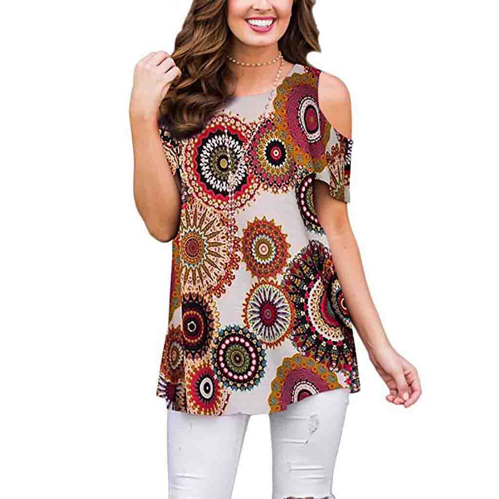 Women's Summer Printed Off-the-shoulder Sleeve Pullover Casual Blouses