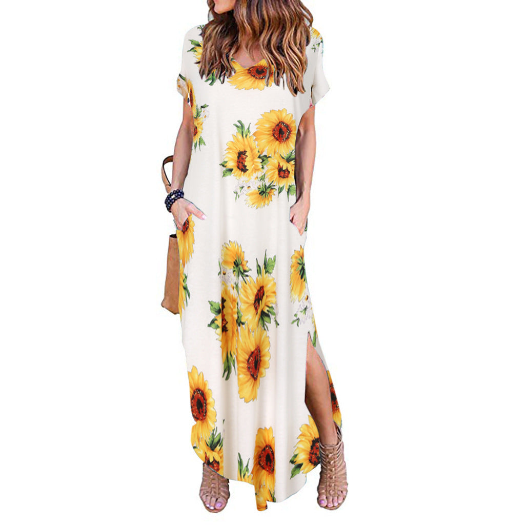 Women's Spring Printed Sleeve V-neck Knitted Long Dress Casual Dresses