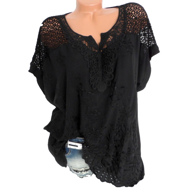 Women's Fashion Wear Lace V-neck Embroidery Sleeve Batwing Blouses