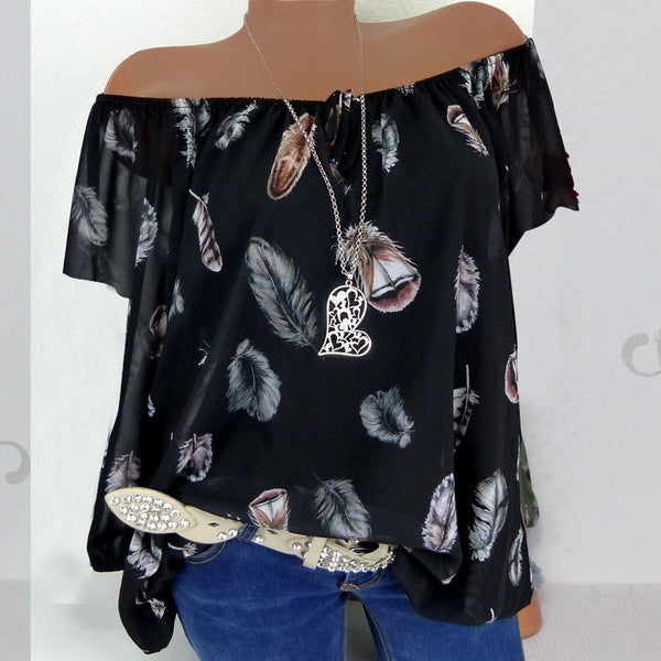 Summer Casual Loose Feather Printed V-neck Blouses