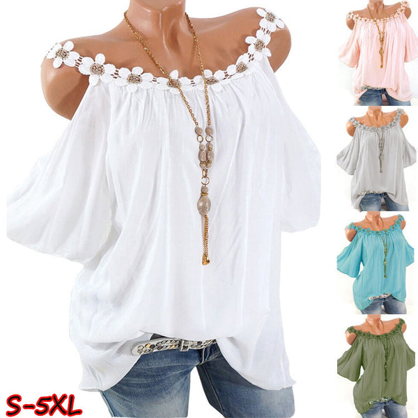 Women's Summer Floral Round Neck Off-the-shoulder Solid Color Blouses