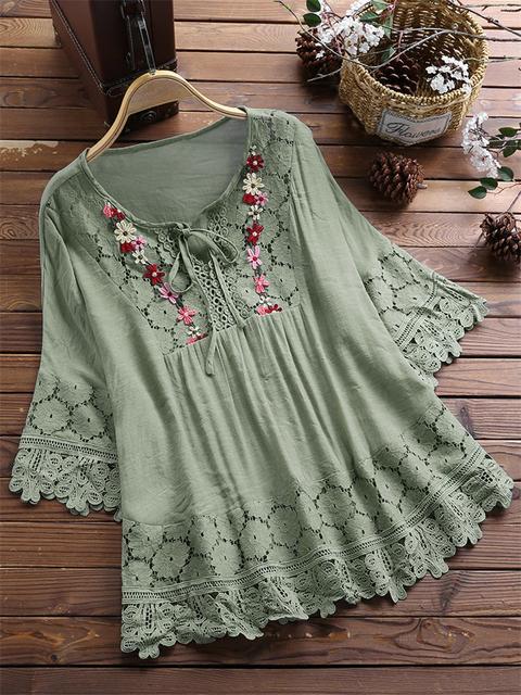 Women's Cotton Linen Stitching Lace Elegant V-neck Tops